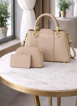 Beige Leather Handbag Set for Women 3 Pcs