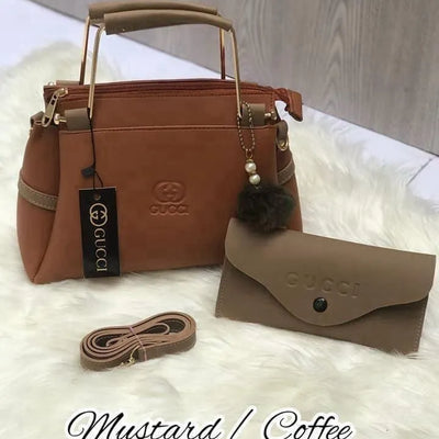 Mustard Coffee Leather Handbag with Wallet & Strap