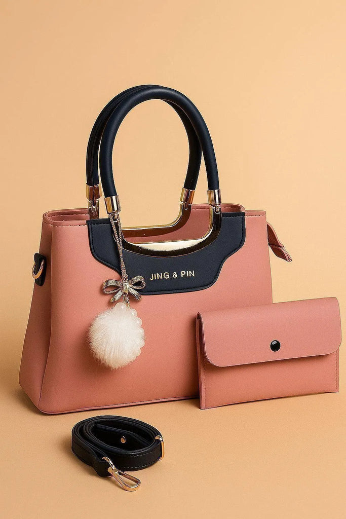 Pink Synthetic Leather Handbag with Belt & Keychain for Girls